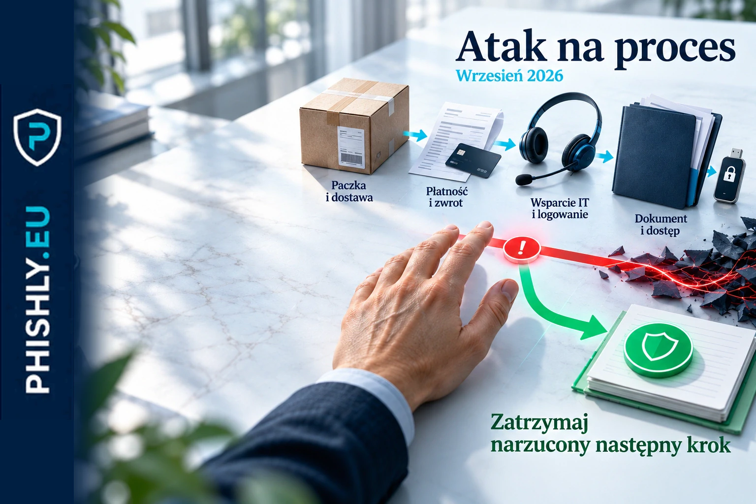 Pracownik zatrzymuje serię pozornie zwykłych kroków dotyczących dostawy, płatności, dokumentu i logowania, zanim przejdzie do działania