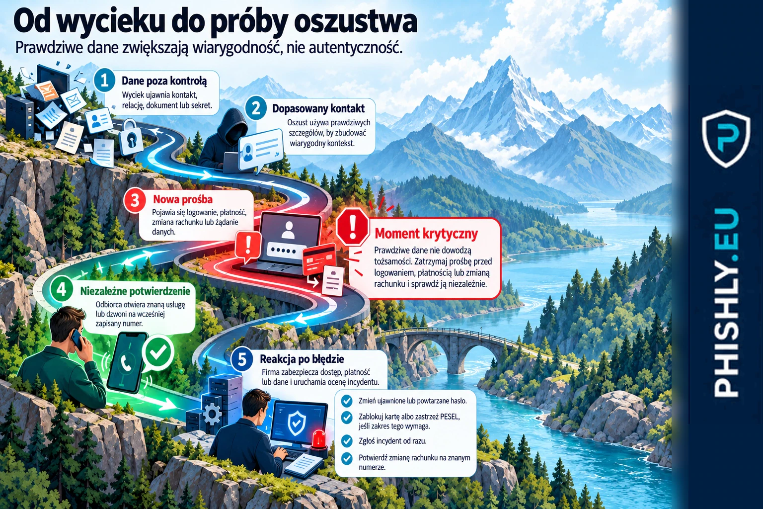 Schemat od wycieku danych przez spersonalizowany kontakt do niezależnej weryfikacji oraz reakcji po podaniu danych lub wykonaniu płatności