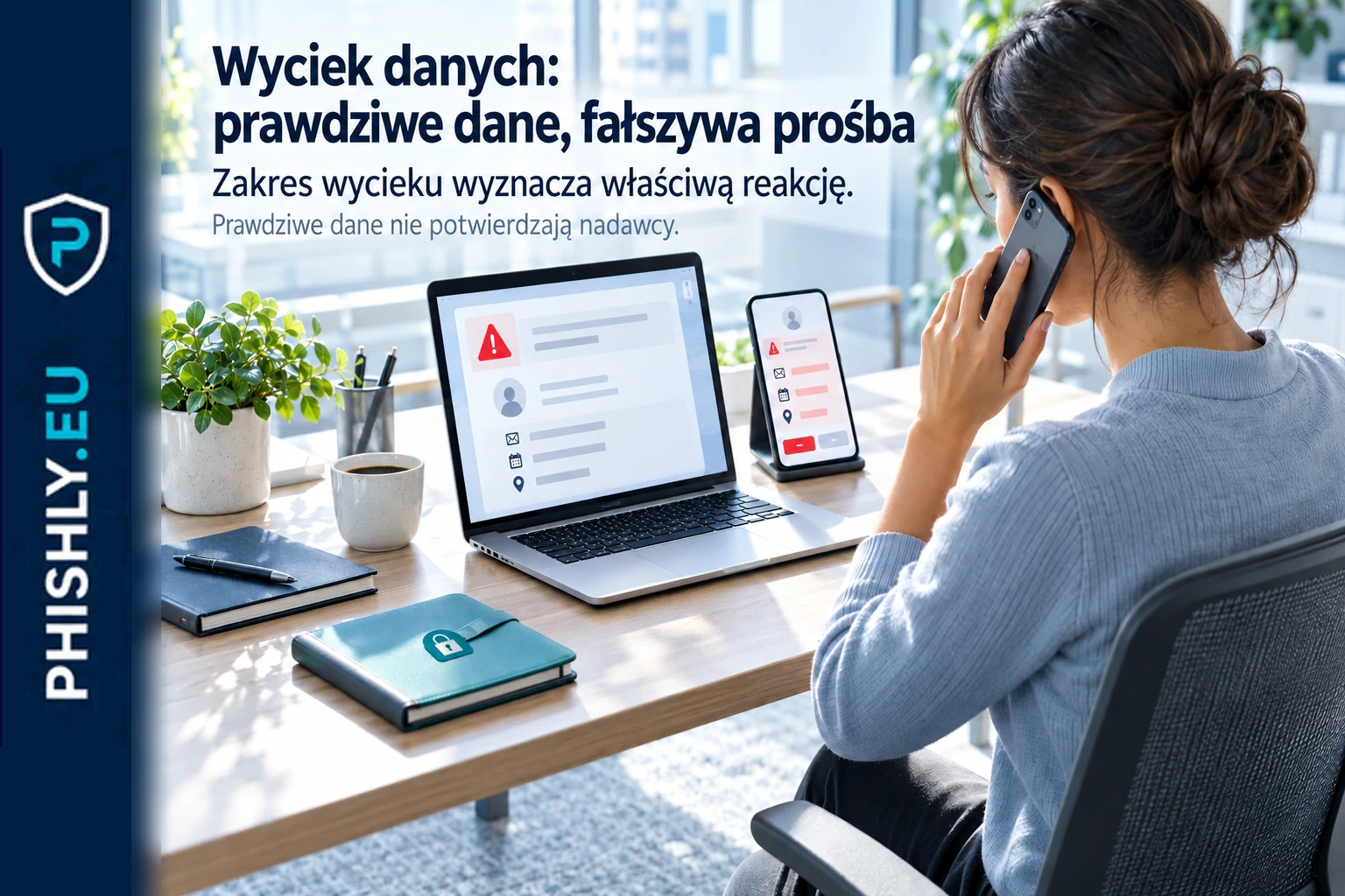 Pracownik analizuje informację o wycieku danych, zabezpiecza konto i zatrzymuje fałszywą prośbę o płatność wykorzystującą prawdziwe dane
