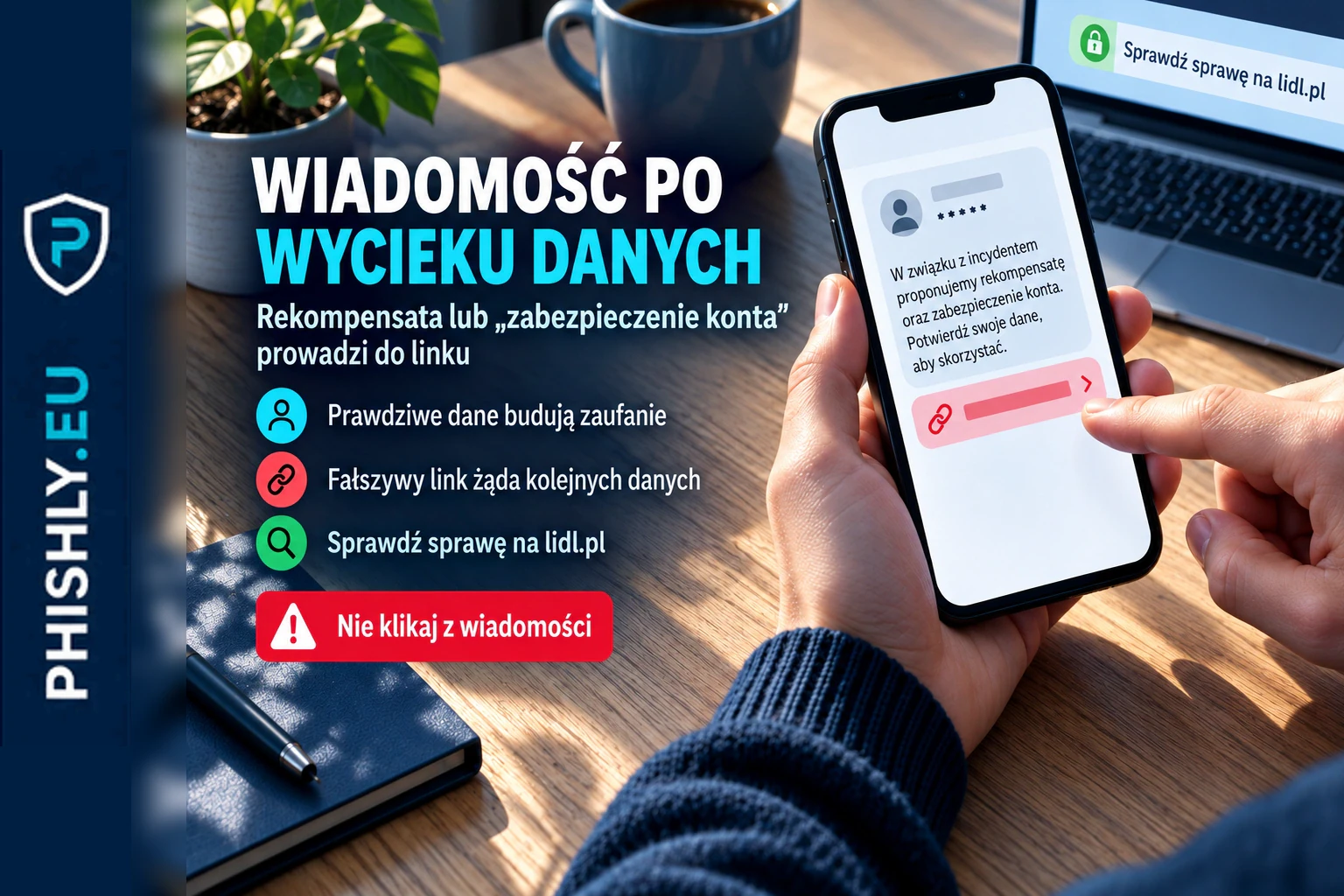 Telefon pokazuje podejrzaną wiadomość o rekompensacie po wycieku danych i link proszący o kolejne informacje
