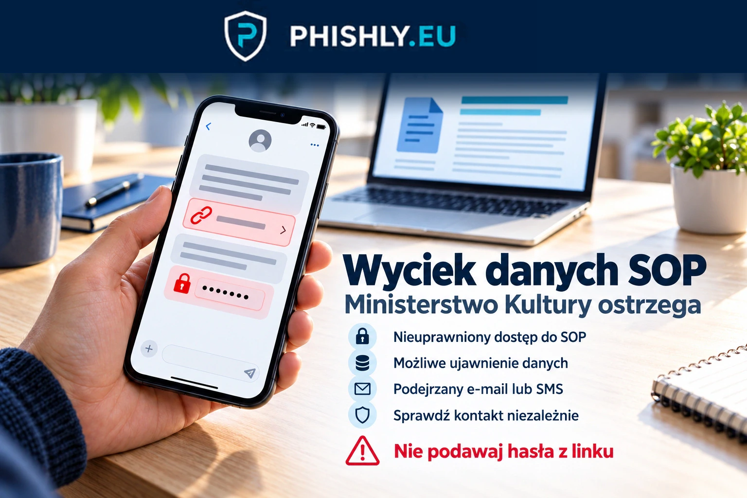 Laptop z panelem SOP Ministerstwa Kultury i podejrzaną wiadomością proszącą o dane; użytkownik sprawdza komunikat bez otwierania linku