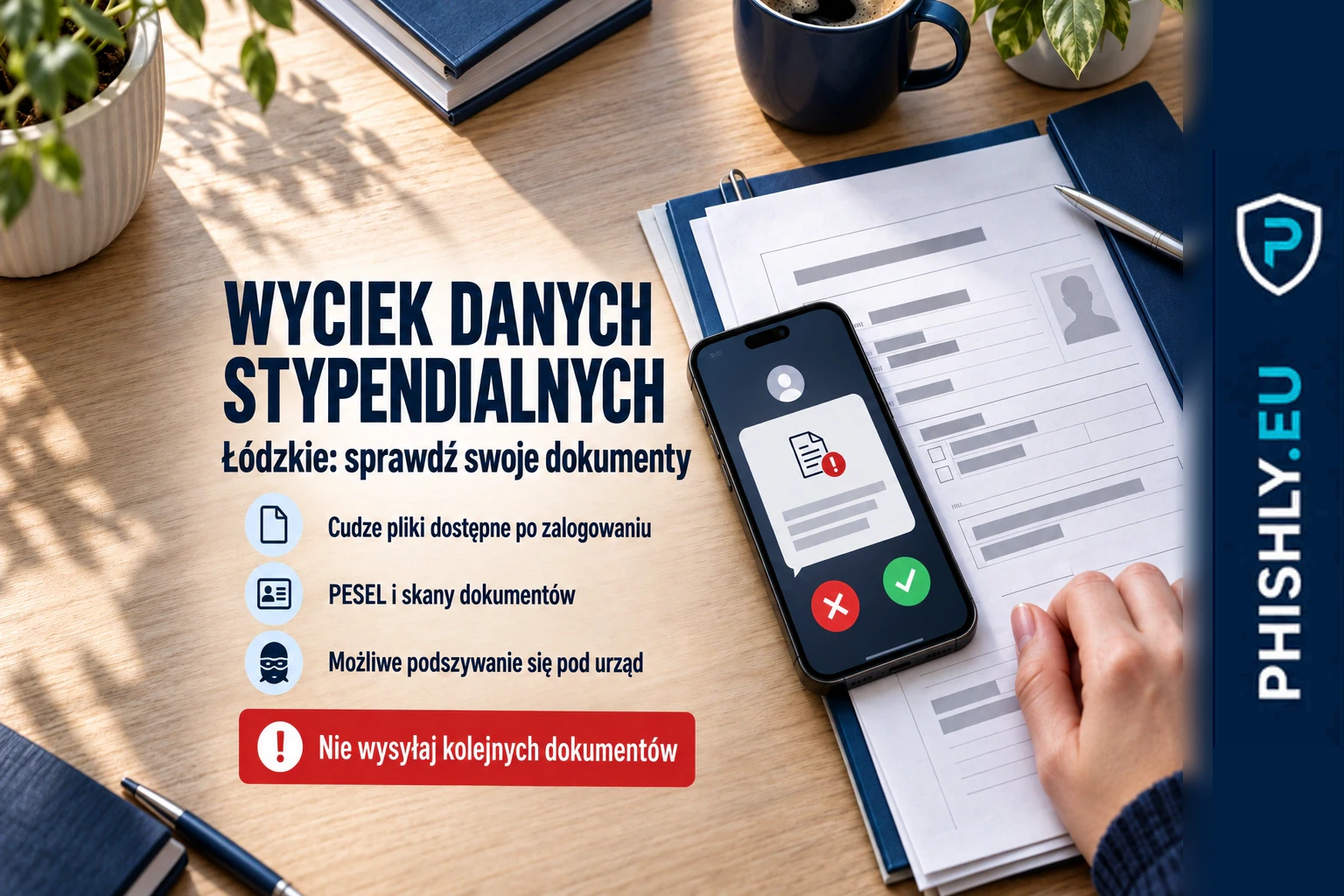 Uczeń i opiekun analizują informację o naruszeniu danych stypendialnych i odrzucają prośbę o ponowne przesłanie dokumentów