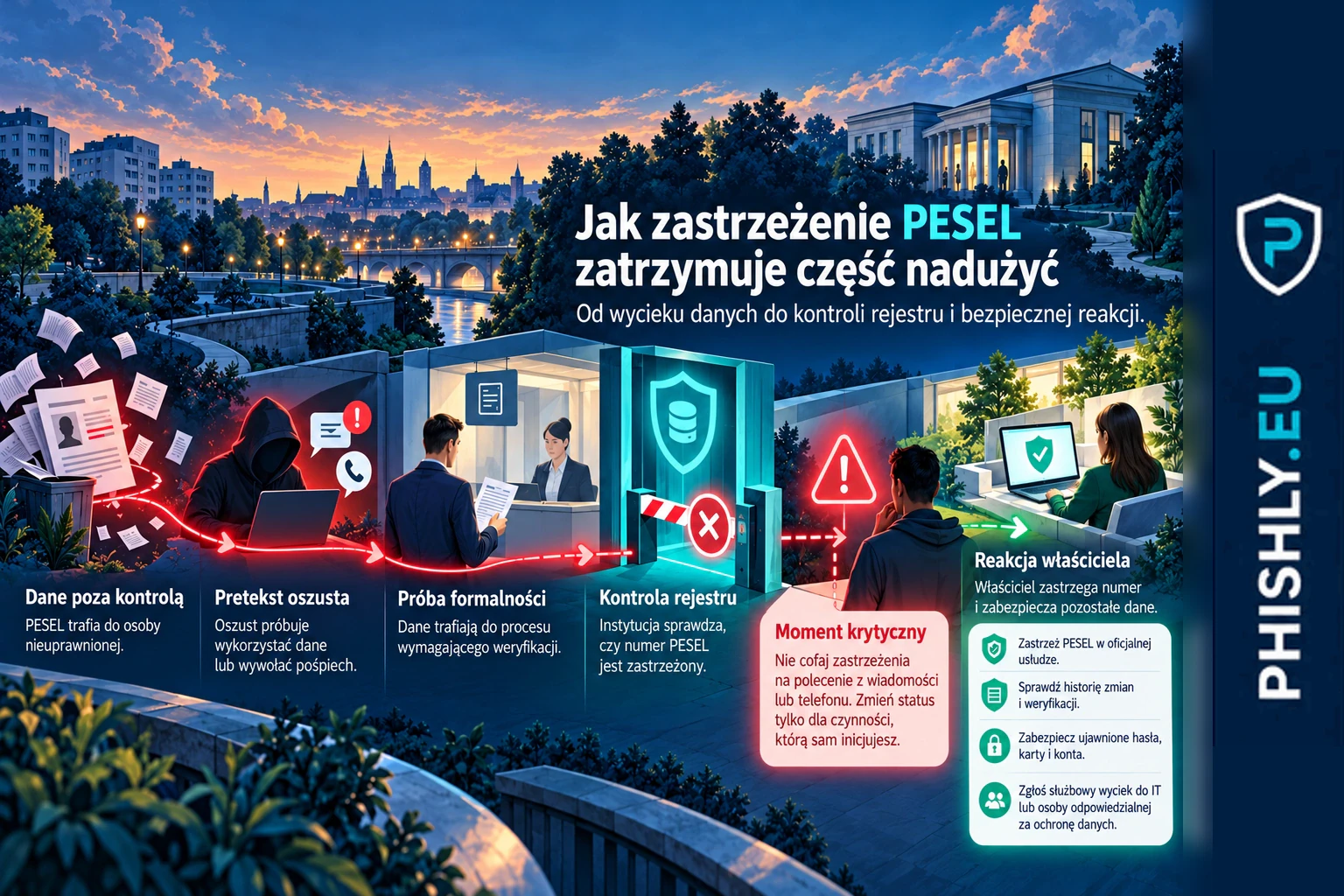 Schemat pokazujący wyciek numeru PESEL, próbę wykorzystania danych, sprawdzenie rejestru jako punkt zatrzymania oraz bezpieczne działania właściciela numeru po ujawnieniu danych