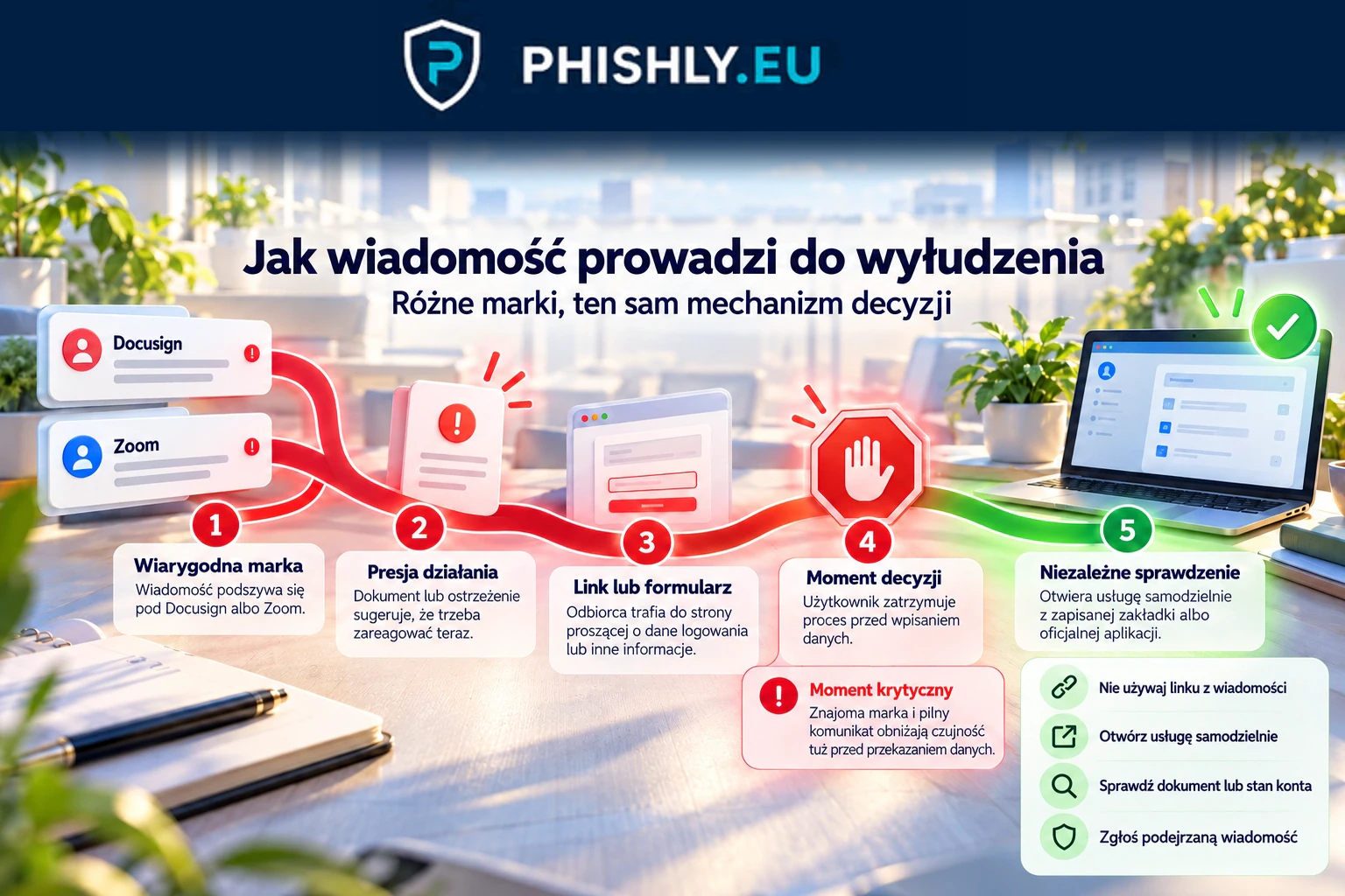 Schemat dwóch przynęt Docusign i Zoom prowadzących do fałszywego linku lub formularza oraz bezpiecznego niezależnego sprawdzenia usługi