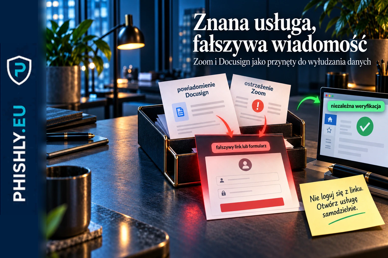 Firmowe wiadomości podszywające się pod Docusign i Zoom prowadzą do stron wyłudzających loginy, dane osobowe i dane kart