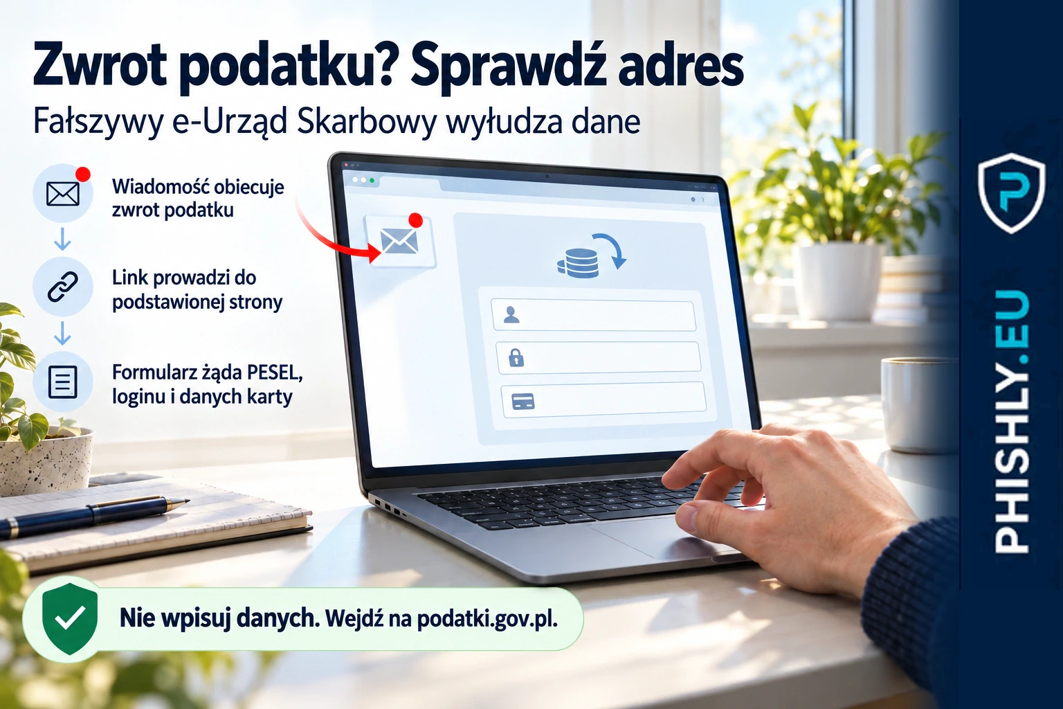 Na ekranie fałszywa strona zwrotu podatku z polami na PESEL, dane osobowe i dane karty